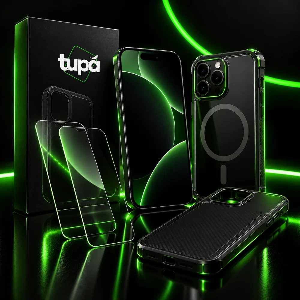 Capinha transparente, película de vidro e caixa Tupã ao lado de um celular
