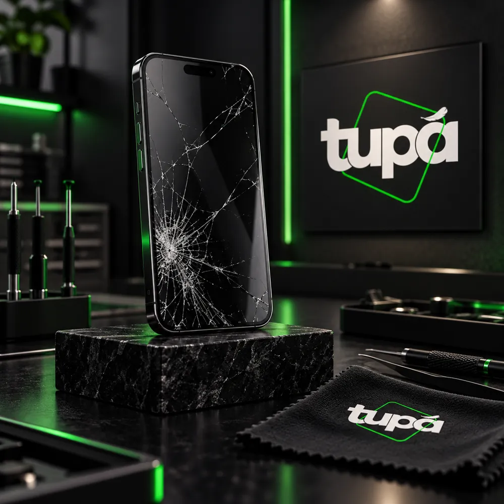 Celular com tela trincada sobre a bancada